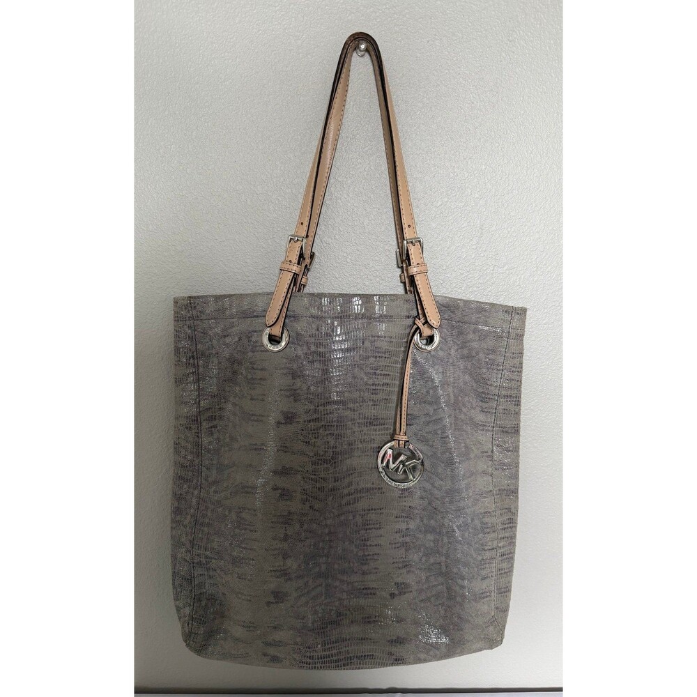 MICHAEL KORS Snake Print Textured Long Tote with Gold Logo Bag Charm